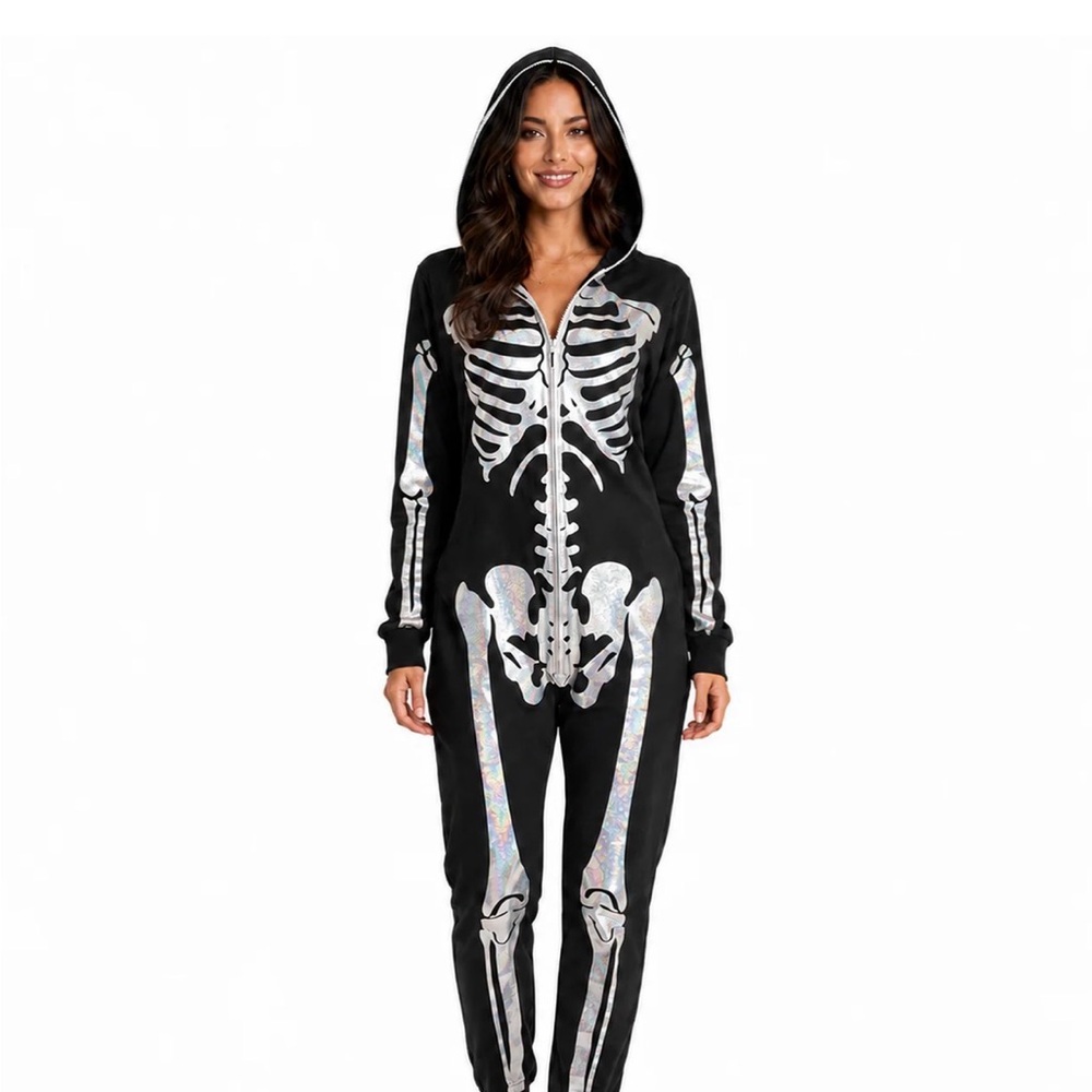 Tipsy Elves Black Hooded Jumpsuit with Shimmering Silver Skeleton Print